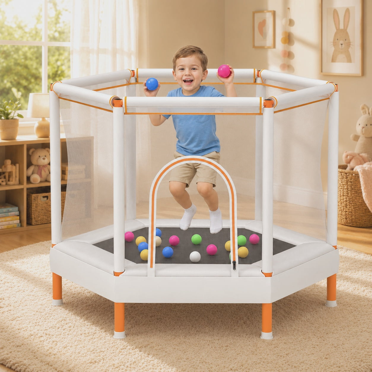 55" Toddler Trampoline with Enclosure Net & Ocean Balls, SHINPT Kids Trampoline for Toddlers Ages 3+, Indoor Trampoline with No Gap Design, Small Trampoline for Kids Room, Living Room, Ideal Gift