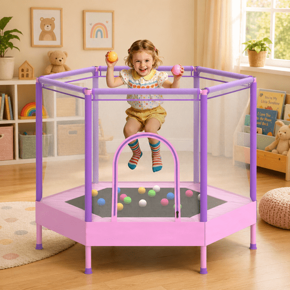 55" Hexagonal Toddler Trampoline for Kids, SHINPT Mini Trampoline with Enclosure Net, 55in Outdoor Trampoline for Backyard, Indoor Kids Trampoline for Basement, Gameroom, Small Trampoline for Gift