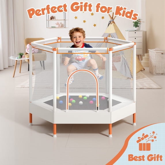 55" Hexagonal Toddler Trampoline for Kids, SHINPT Mini Trampoline with Enclosure Net, 55in Outdoor Trampoline for Backyard, Indoor Kids Trampoline for Basement, Gameroom, Small Trampoline for Gift