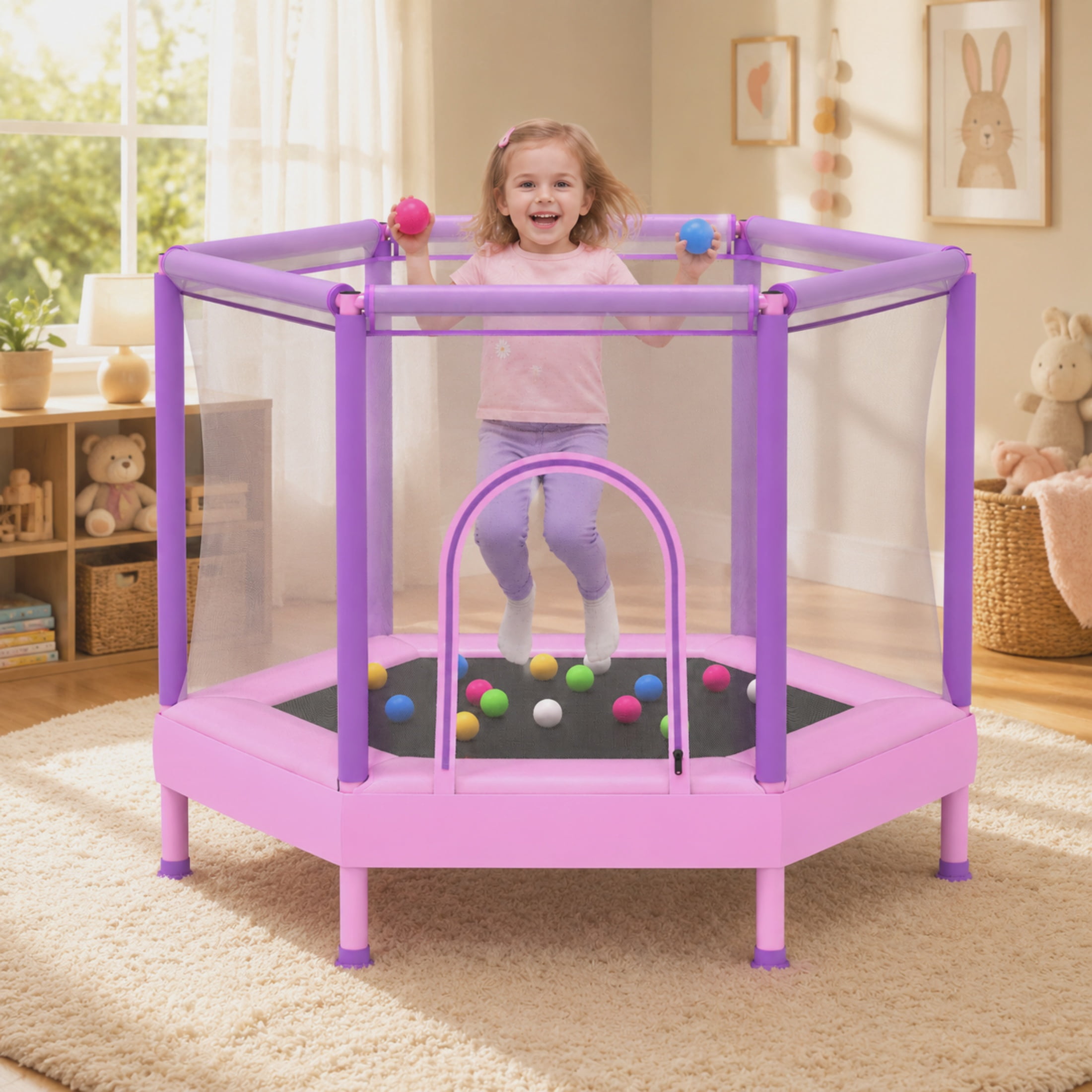 55" Toddler Trampoline with Enclosure Net & Ocean Balls, SHINPT Kids Trampoline for Toddlers Ages 3+, Indoor Trampoline with No Gap Design, Small Trampoline for Kids Room, Living Room, Ideal Gift