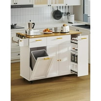 55" Kitchen Island with Storage, Island Table for Kitchen with Drawers, Flip-Top Trash Can and Pull-Out Cabinet, Side Tissue Holder and Hooks, Rolling Carts with 5 Wheels for Dining, White
