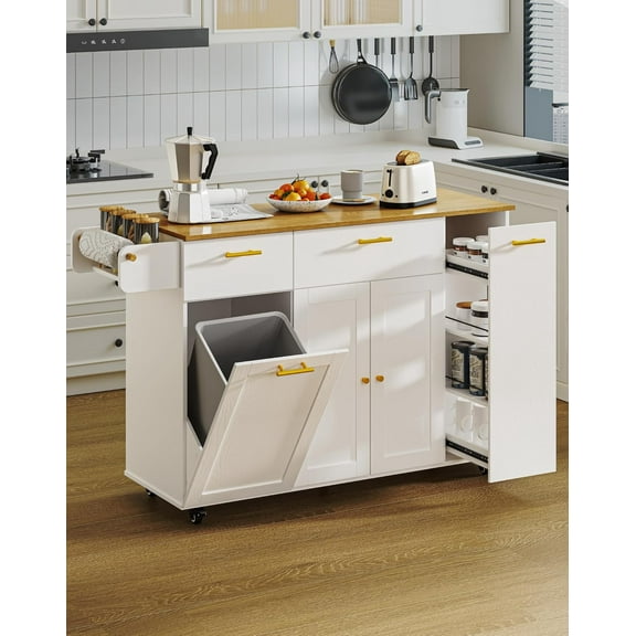 55" Kitchen Island with Storage, Island Table for Kitchen with Drawers, Flip-Top Trash Can and Pull-Out Cabinet, Side Tissue Holder and Hooks, Rolling Carts with 5 Wheels for Dining, White