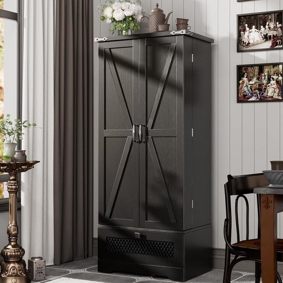 55" Kitchen Pantry Cabinet, Pantry Storage Cabinet with Adjustable Shelves and Drawer, Kitchen Cabinet Buffet Cupboards Storage Cabinet for Home Office Use (Black)