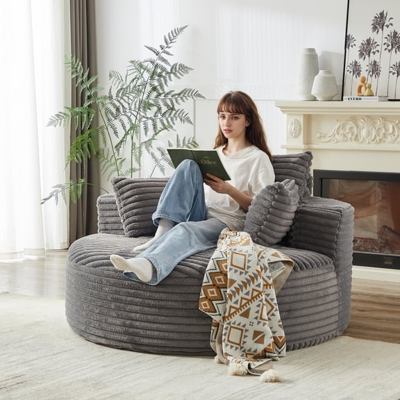 55'L Corduroy Sponge Single Sofa,Fluffy Modern Sleeper Chair for Living Room, Bedroom, Lounge & Projection Room,Grey