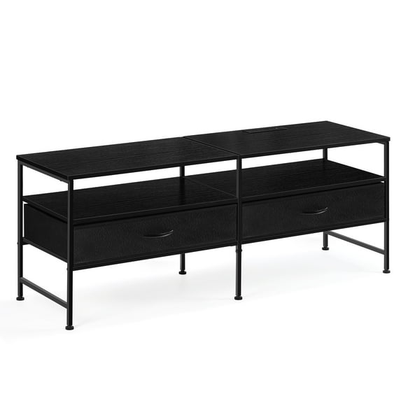 55"L Extended TV Cabinet Industrial TV Cabinet with Fabric for Living Room, Bedroom with Charging Stake Black