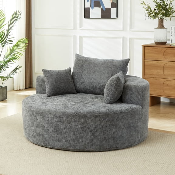 55"L Fluffy Chenille Sponge Single Sofa Chair, No Assembly Required Modern Sleeper Chair with Cylindrical Headrest Pillow, Non-Swivel Leisure Lounge Chair for Bedroom Living Room Projection Room
