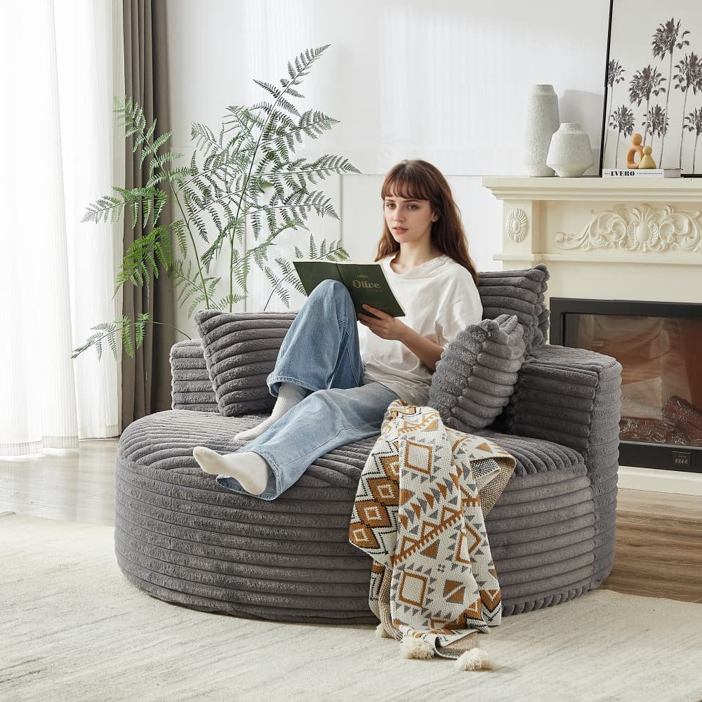 55"L Fluffy Corduroy Single Sofa Chair, No Assembly Required Modern Sleeper Lounge Chair with Cylindrical Headrest Pillow, Non-Swivel Leisure Chair for Bedroom Living Room Projection Room