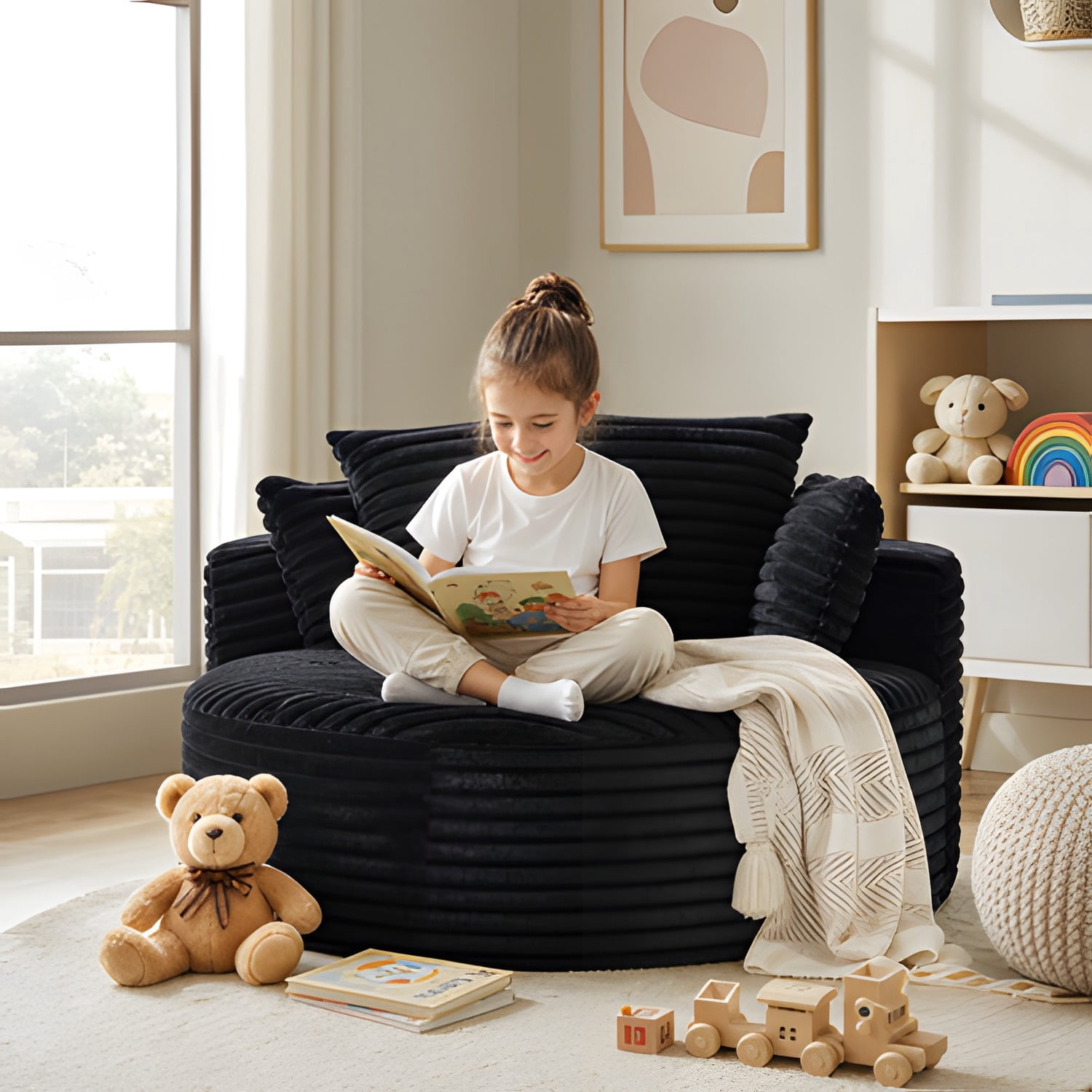55"L Fluffy Corduroy Sponge Single Sofa Chair, No Assembly Required Modern Sleeper Chair with Cylindrical Headrest Pillow, Non-Swivel Leisure Lounge Chair for Living Room Bedroom Projection Room