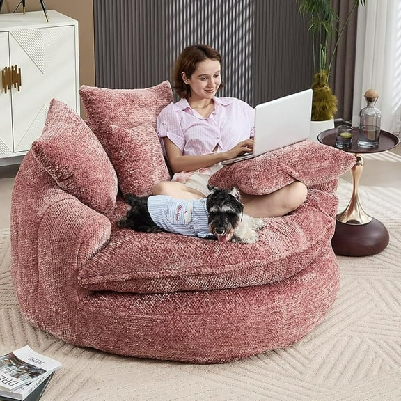 55''L Oversized Round Chaise Lounge Chair Indoor, Polyester Velvet Boneless Couch, Oversized Round Chairs, Modern Circle Chair, Cloud Sofa Bed, Bean Bag Chairs for Living Room (Pink)