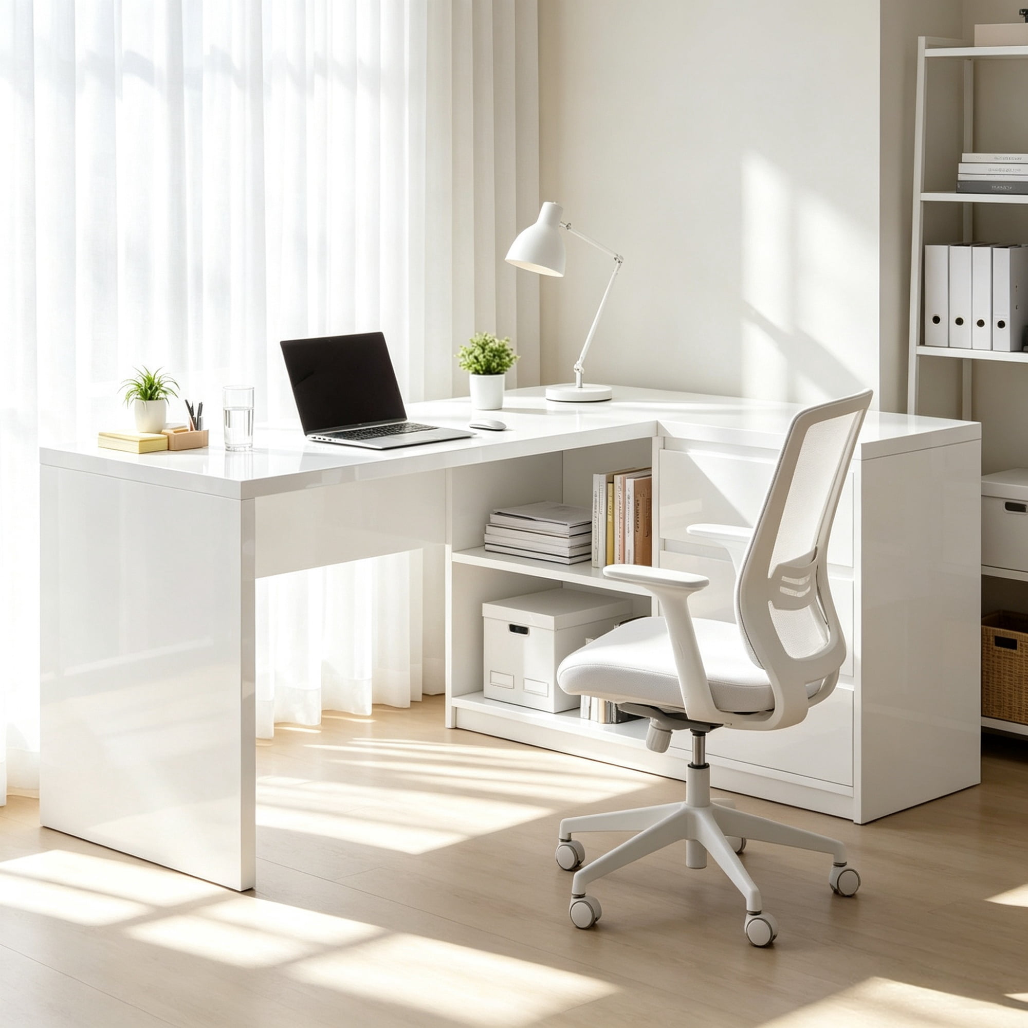 55" L-Shaped Computer Desk with LED Lights, 3 Drawers, White