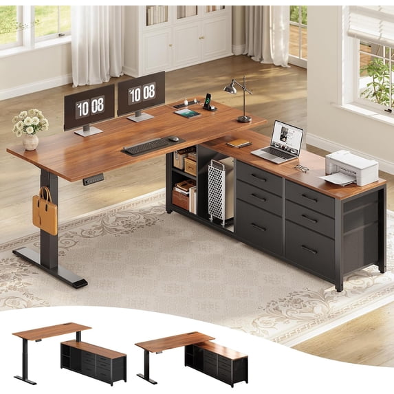 55" L Shaped Electric Standing Desk with 6 Fabric Drawers and Storage Shelves, Height Adjustable Computer Desk, Home Office Desk