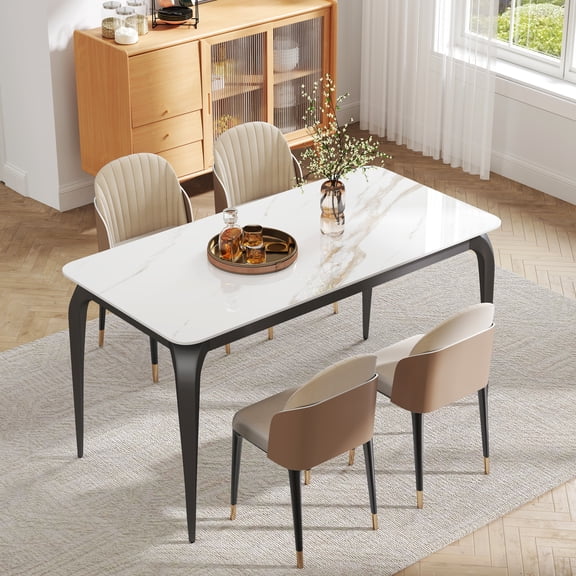 55'' L X 28'' W White Sintered Stone Dining Table With Metal Legs For Kitchen, Dining Room