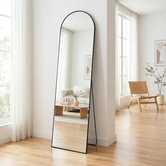 55"L x 16"W Full Length Arched Mirror with Stand, Tempered Glass, Black