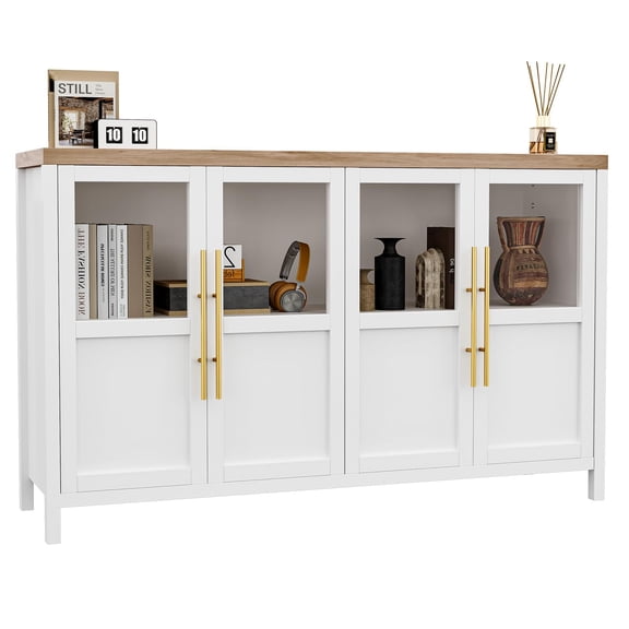 55" Large Buffet Cabinet with 4 Glass Doors, Sideboard Buffet Cabinet with Storage for Kitchen Dining Room, Living Room, White, Black, Wood, Gray Color