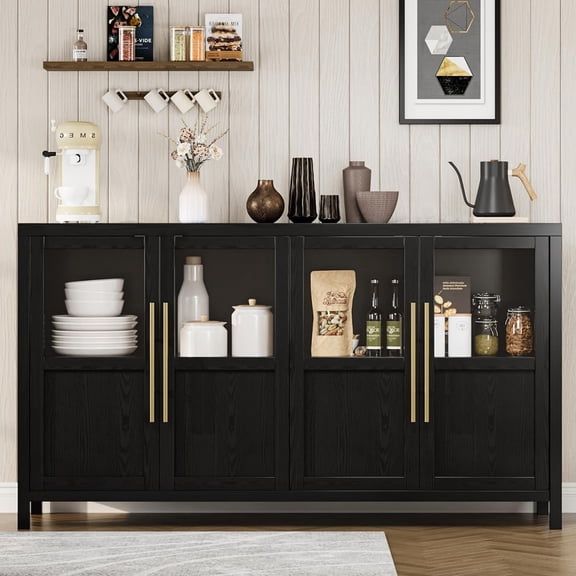 55" Large Buffet Cabinet, Rustic Sideboard with Glass Doors, Storage Cabinet Table for Kitchen, Living Room