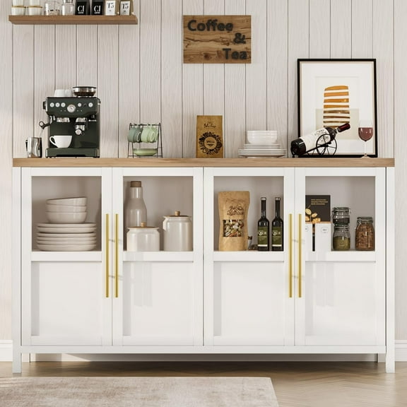 55" Large Buffet Cabinet, Rustic Sideboard with Glass Doors, Storage Cabinet Table for Kitchen, Living Room