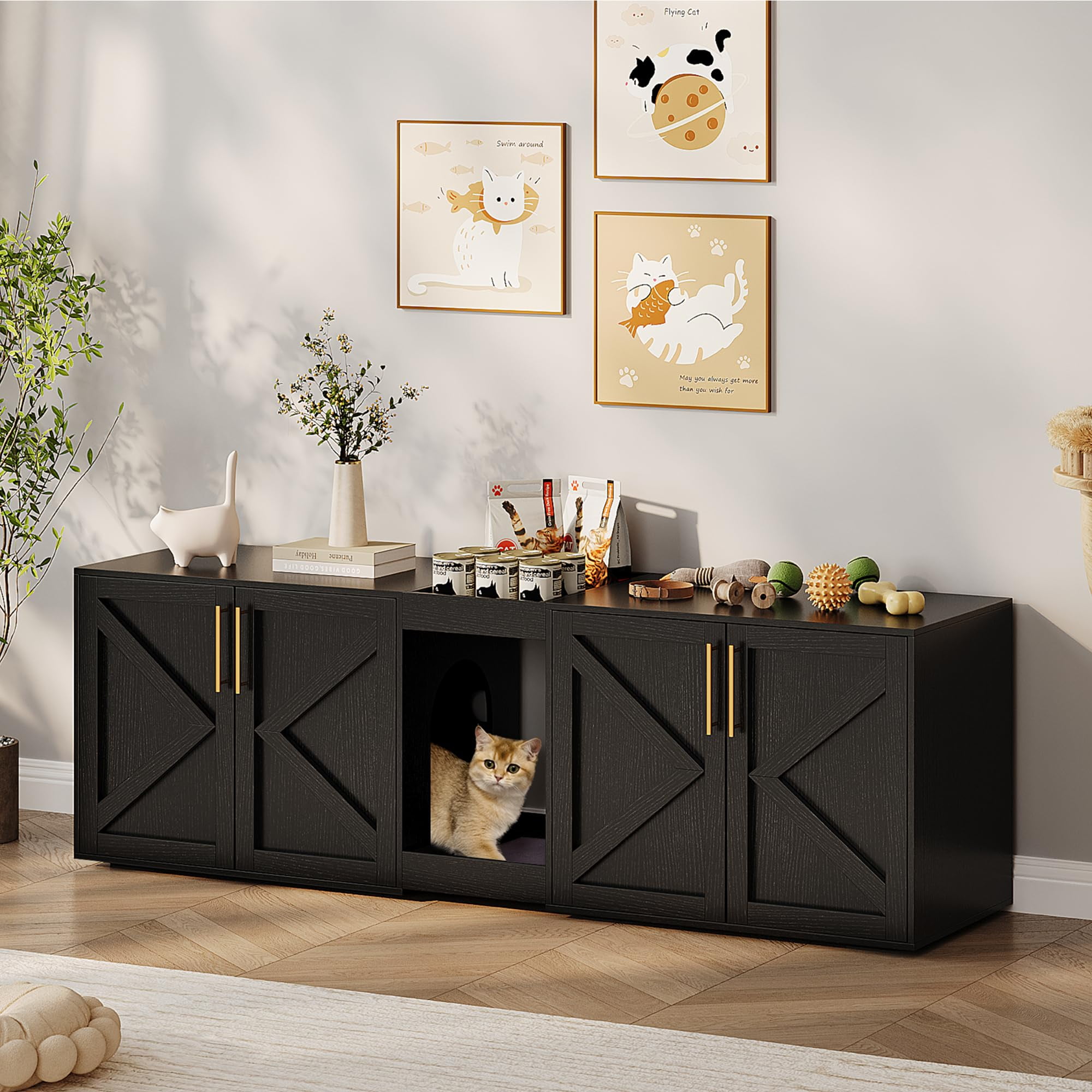 55" Large Cat Litter Box Enclosure for 2 Cats,Litter Box Enclosure with Double Cage,Hidden Cat Litter Box Furniture with Double Room and Cushion,Wooden Kitty Litter Box Cabinet Furniture,Cat House