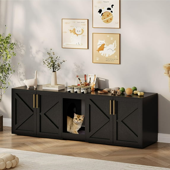 55" Large Cat Litter Box Enclosure for 2 Cats,Litter Box Enclosure with Double Cage,Hidden Cat Litter Box Furniture with Double Room and Cushion,Wooden Kitty Litter Box Cabinet Furniture,Cat House