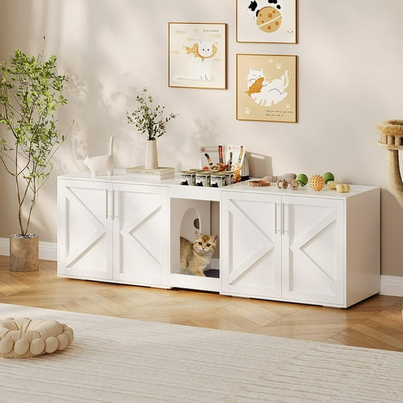 55" Large Cat Litter Box Enclosure for 2 Cats,Litter Box Enclosure with Double Cage,Hidden Cat Litter Box Furniture with Double Room and Cushion,Wooden Kitty Litter Box Cabinet Furniture,Cat House