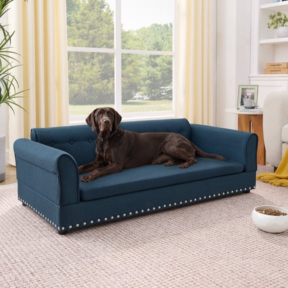 55" Large Elevated Dog Couch with Armrests and Tufted Backrest, Dog Sofa for Small/Medium/ Large Dogs, Upholstered Loveseat Pet Bed with Nailhead Trim