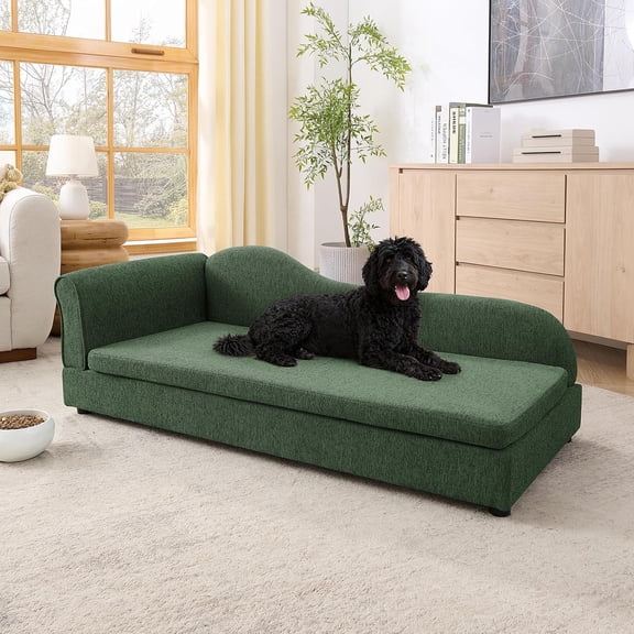 55" Large Dog Sofa Bed for Medium & Large Dogs, Furniture Style Pet Couch with Wave Backrest, Soft Foam Cushion, Linen Fabric, Comfortable Dog Bed