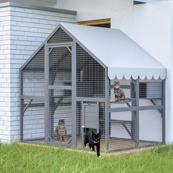 55" Large Outdoor Cat House, Premium Cat Run Large Outdoor Enclosure with Jump Board, Platforms and Hiding Houses, Wooden Catio Kitty Mansion with Waterproof Canvas, Grey