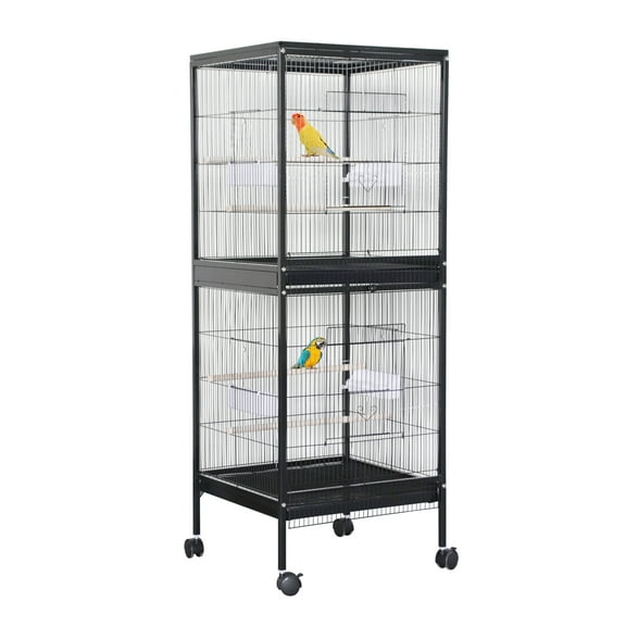 55" Large Parrot Bird Cage with Wooden Perches, Double Stackable Metal Cage with Pull Out Tray Standing Birdcage Bird Aviary Indoor with Multi Door Design for a Canary Black