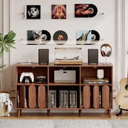 55" Large Record Player Stand | Mid-Century Modern Wood Media Console with Charging Station | Vinyl Record Storage Cabinet with 2 USB Ports, Open Shelves & Turntable Holder for Living Room