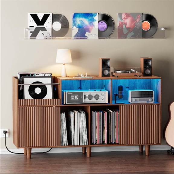 55 Large Record Player Stand with Power Outlets & LED Lights | Record Player Cabinet, Vinyl Record Storage, Holds up to 500 Albums, For Living Room, Bedroom