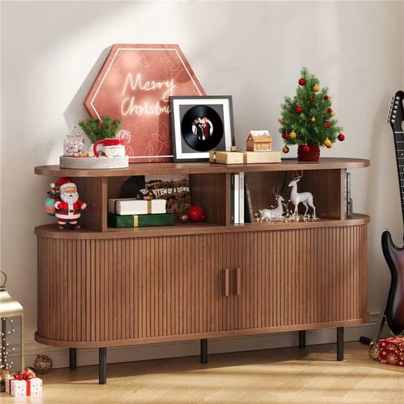 55" Large Round Record Player Stand with Charging Station, Vinyl Record Storage Cabinet, Mid Century Modern Turntable Stand with Open Shelves Holder for Bedroom Living Room, Sliding Doors (Walnut)