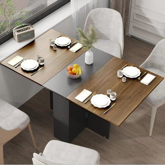 55" Large Space Saving Folding Dining Table - Versatile Kitchen Table with Locking Wheels and 2 Storage Racks for Small Spaces, Collapsible Dining Room Table for 4