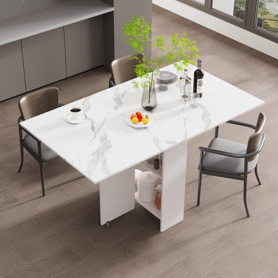 55" Large Space Saving Folding Dining Table with Marble Pattern Top