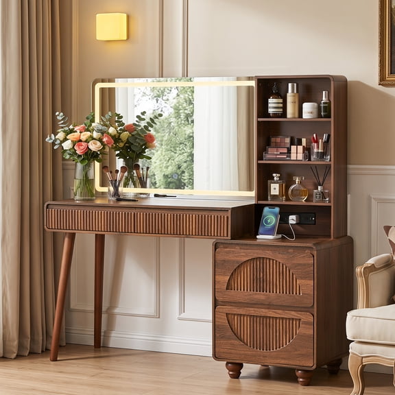 55" Large Vanity Desk with Lighted Mirror & Charging Station, Retro Fluted Makeup Table with Sliding Drawer & Storage Cabinet, 3-Color LED Dressing Table for Bedroom, Walnut