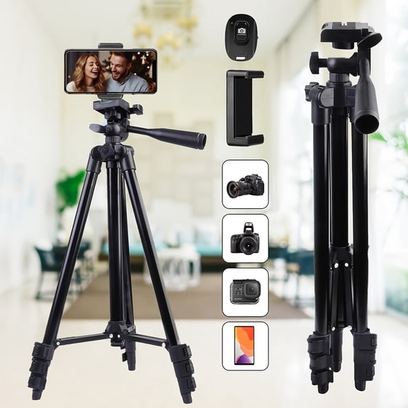 55" Lightweight Phone Tripod with Remote & Clip, Portable Camera Stand for Mobile, Android, Action Cameras, Video, Selfies, Live Streaming