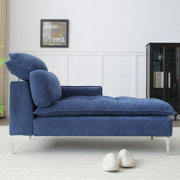 55" Living Room Chaise - Upholstered Chair With Left Armrest & Lumbar Pillow, Blue Bedroom Office Use Solid Wood Frame Button Cushion Pillow