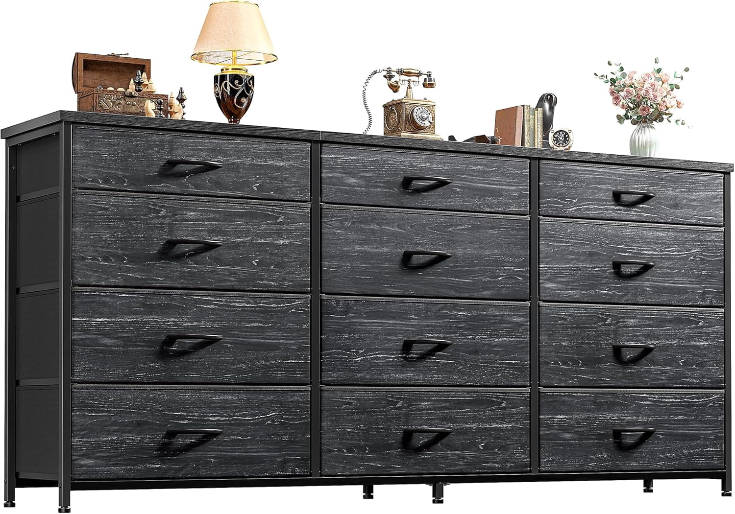 55" Long Dresser for Bedroom with 12 Fabric Drawers, Entertainment Center for 60 inch TV Dressers & Chests of Drawers Large Storage Organizer for Closet, Living Room, Metal Frame, Wood Top, Black