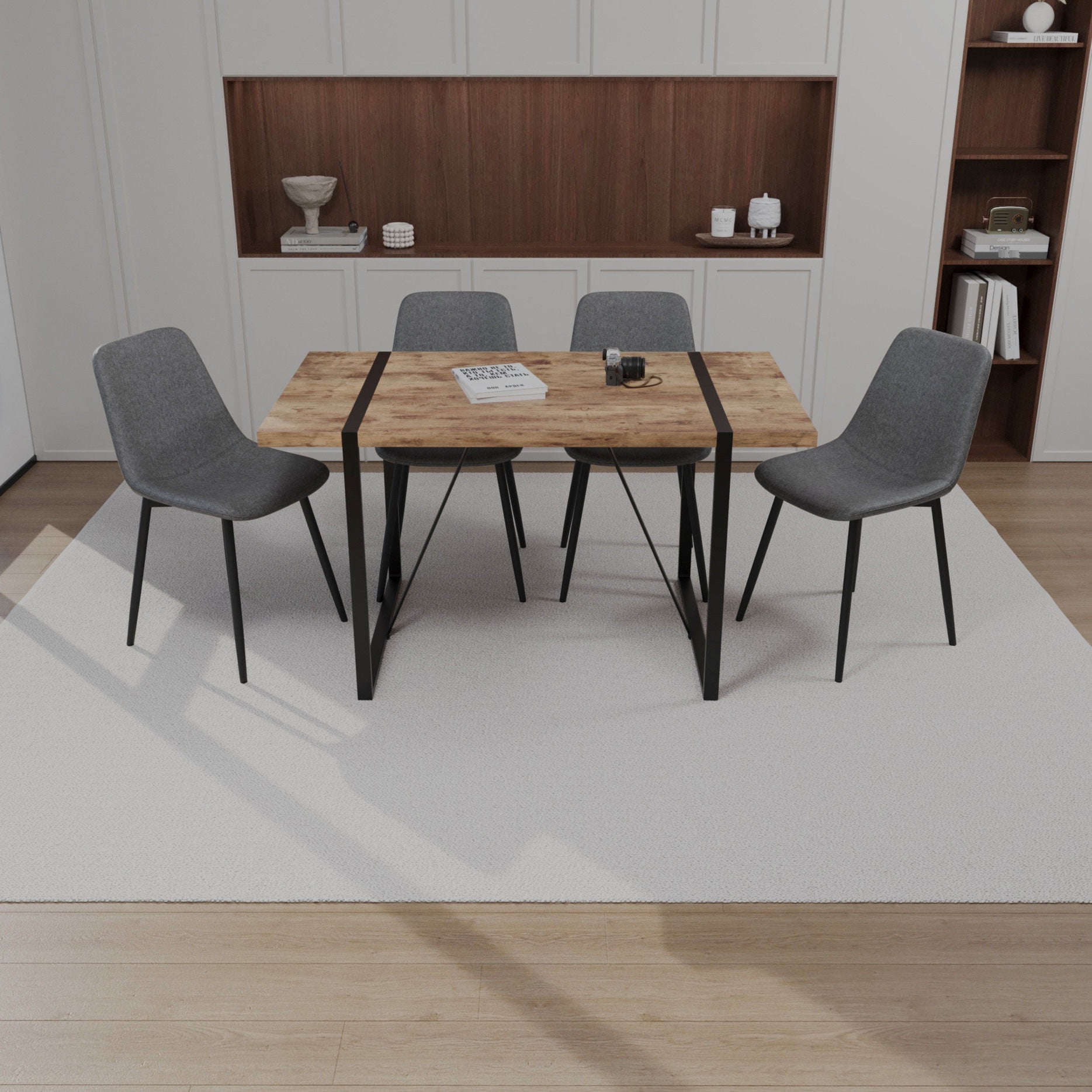 55" MDF Dark Wood Rectangular Dining Table & 4 Suede Chairs Set | High ...