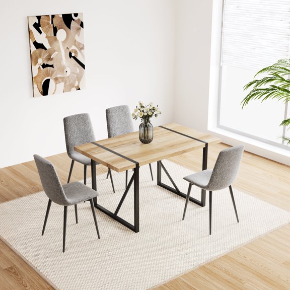 55" MDF Dining Table with 4 Linen Chairs / Mid - Century Design for Kitchen, Safe and Sturdy