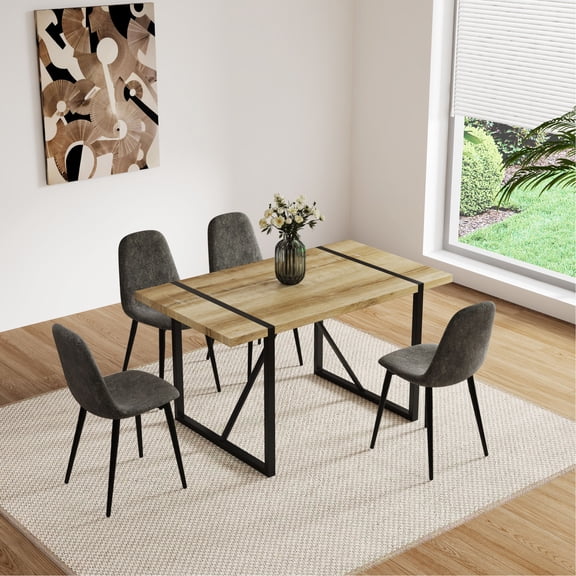55" MDF Mid Century Modern Dining Table Set with 4 Suede Chairs / Ideal for Kitchen, Comfortable and Sturdy