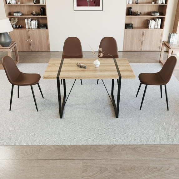 55" MDF Wood-Color Dining Table & Modern Dining Chairs Set of 4, Mid-Century Wooden Kitchen Set, Metal Base & Legs, Environmentally Friendly Saddle Leather Chairs, Brown