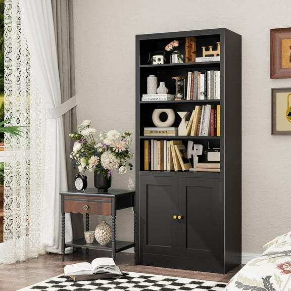 55" Metal Bookshelf with Doors, Freestanding Storage Rack with Cabinet Doors,Heavy Duty Steel Shelving for Pantry, Kitchen, Closet, Garage,Home Office (Black)