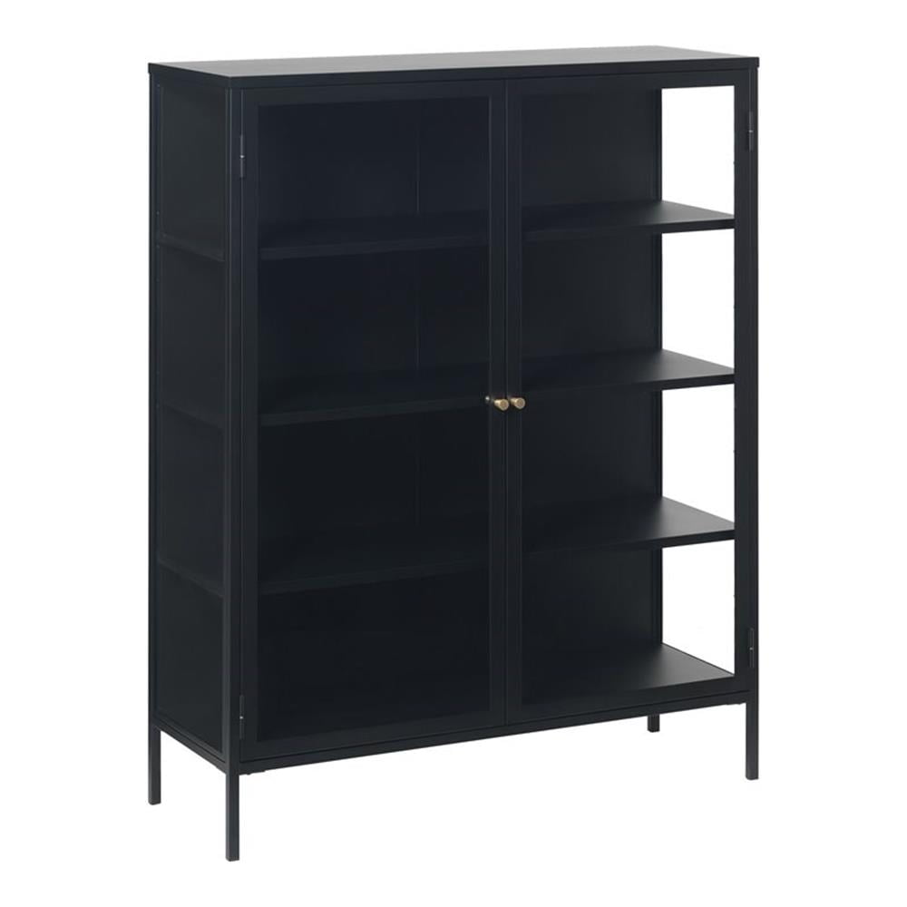 55" Black Metal and Glass China Cabinet with Brass Knobs