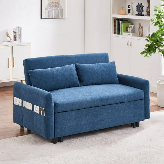55" Microfiber Convertible Sofa Bed, Pull-Out Loveseat Sleeper with Adjustable Angles, Modern Loveseat Sofa Sleeper with Removable Cover for Living Room, Offices, Blue