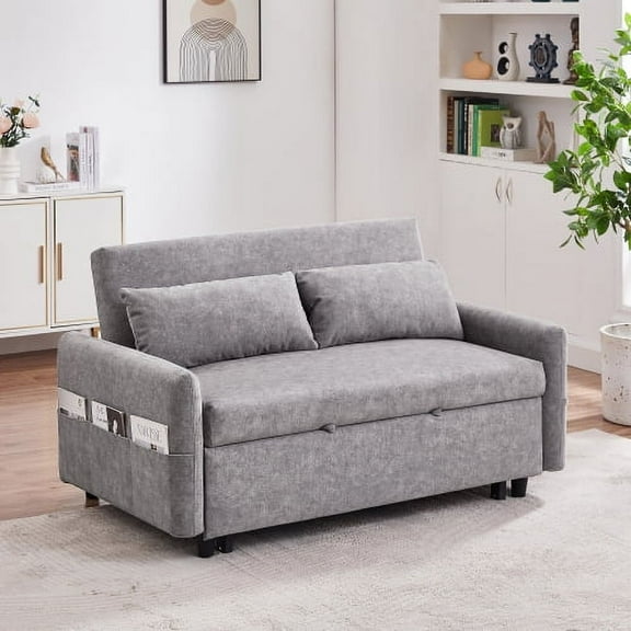 55" Microfiber Convertible Sofa Bed, Pull-Out Loveseat Sleeper with Adjustable Angles, Modern Loveseat Sofa Sleeper with Removable Cover for Living Room, Offices, Grey