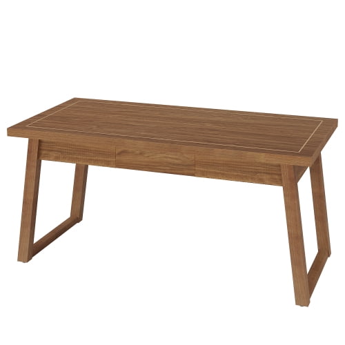 55” Mid-Century Modern Executive Desk with Drawer, Solid Wood Writing Computer Desk for Home Office, Rustic Walnut Brown Workstation Table for Laptop, Study, or Workspace.