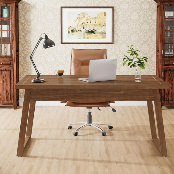 55” Mid-Century Modern Executive Desk with Drawer, Solid Wood Writing Computer Desk for Home Office, Rustic Walnut Brown Workstation Table for Laptop, Study, or Workspace.