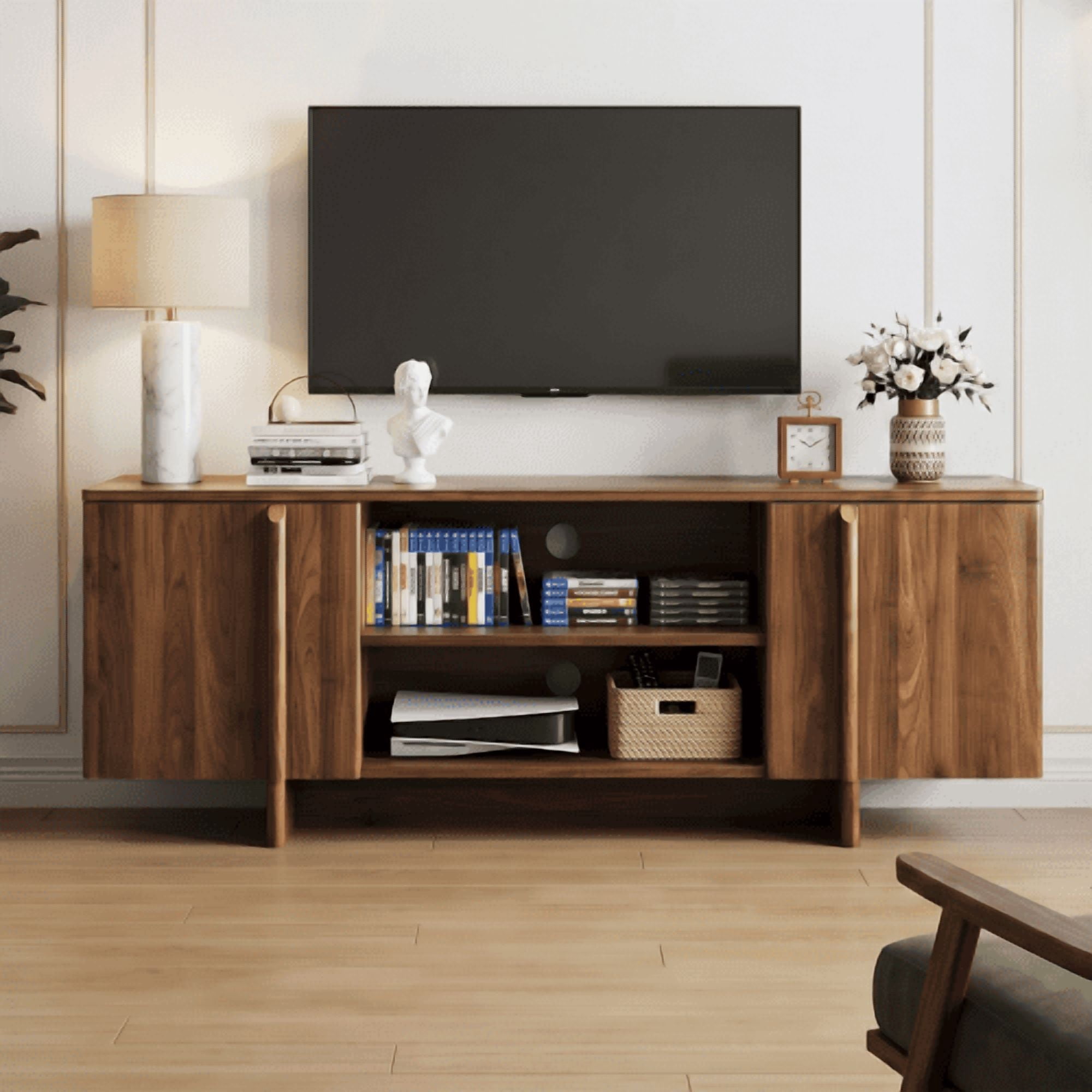55" Mid-Century Modern Farmhouse TV Stand, Entertainment Center with Double Doors, Open Shelving, and Cable Management, Fits TVs up to 48 Inches, Walnut