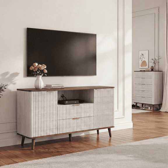 55" Mid-Century Modern TV Stand with Integrated LED Lighting Fluted Media Console, Beige & Walnut