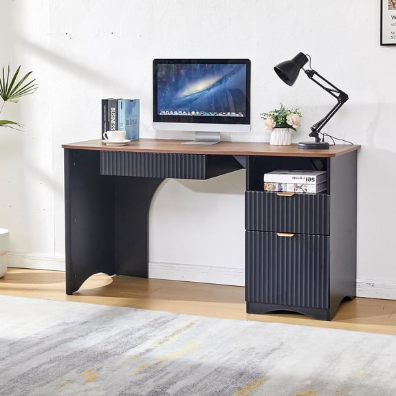 55" Modern Computer Desk with Keyboard Tray, Built-in Power Outlets, Fluted Design, 2-in-1 Main Drawer & Adjustable File Drawer, Office Desk for Home Workspace (Walnut with Black)