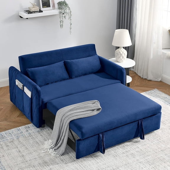 55" Modern Convertible Sofa Bed - 3 in 1 Convertible Sleeper Couch with 2 Detachable Arm Pockets, Velvet Loveseat Sofa with Pull Out Bed, 2 Pillows and Living Room Adjustable Backrest (Blue)